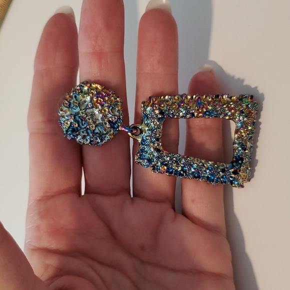 Gold tone multicolor textured dangle pierced earrings rectangles geometrics - Picture 5 of 5